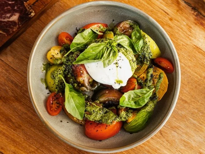 Fresh burrata and Ibiza tomatoes in the port of Ibiza