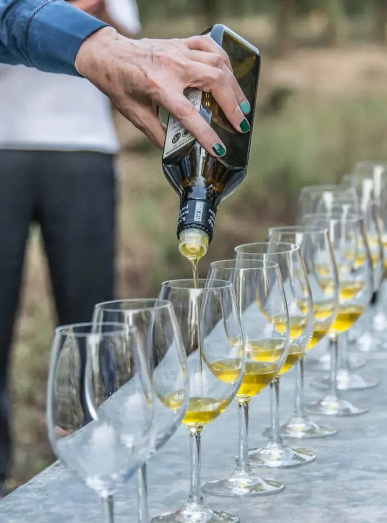 Olive oil tasting experience in Mallorca with glasses being filled during a local food and wine tasting outdoors